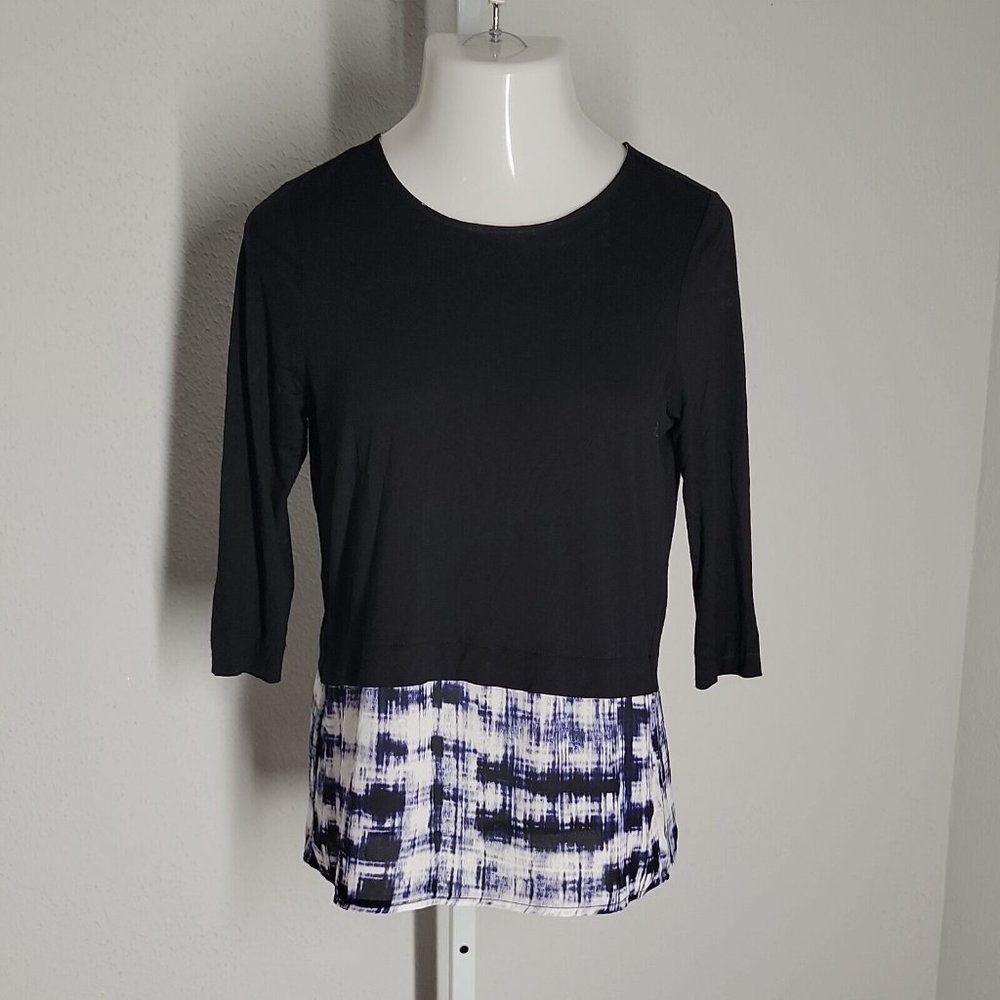 Cynthia Rowley Blouse Shirt ~ Sz M ~ 3/4 Sleeve ~ Black & Blue ~ Zips in Back